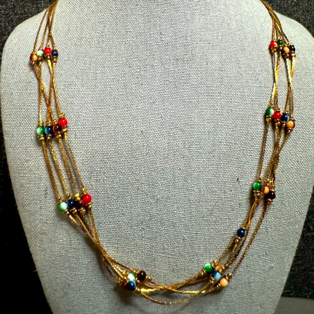 Gold Toned Necklace with Multi-Coloured Glass Beads